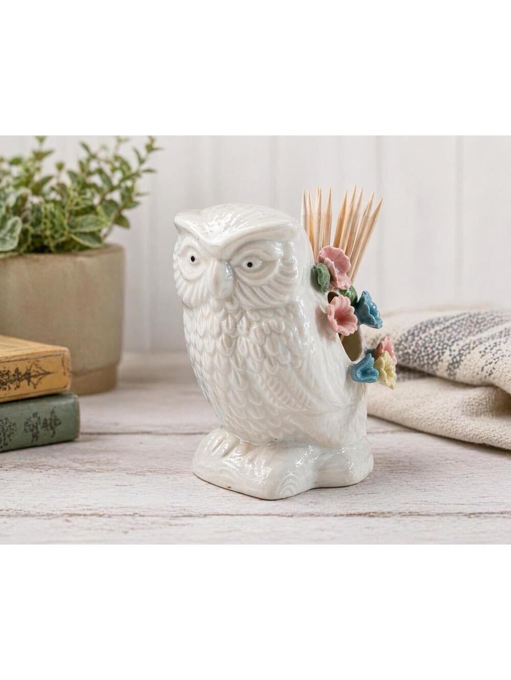 VTG WhiteOwl Figurine Floral Toothpick Holder Vase TAIWAN Ceramic 1970s Roses 3”